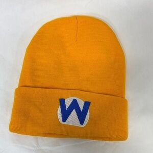 Circle Wario Embroidered Short Beanie yellow blue white knitted stocking hat